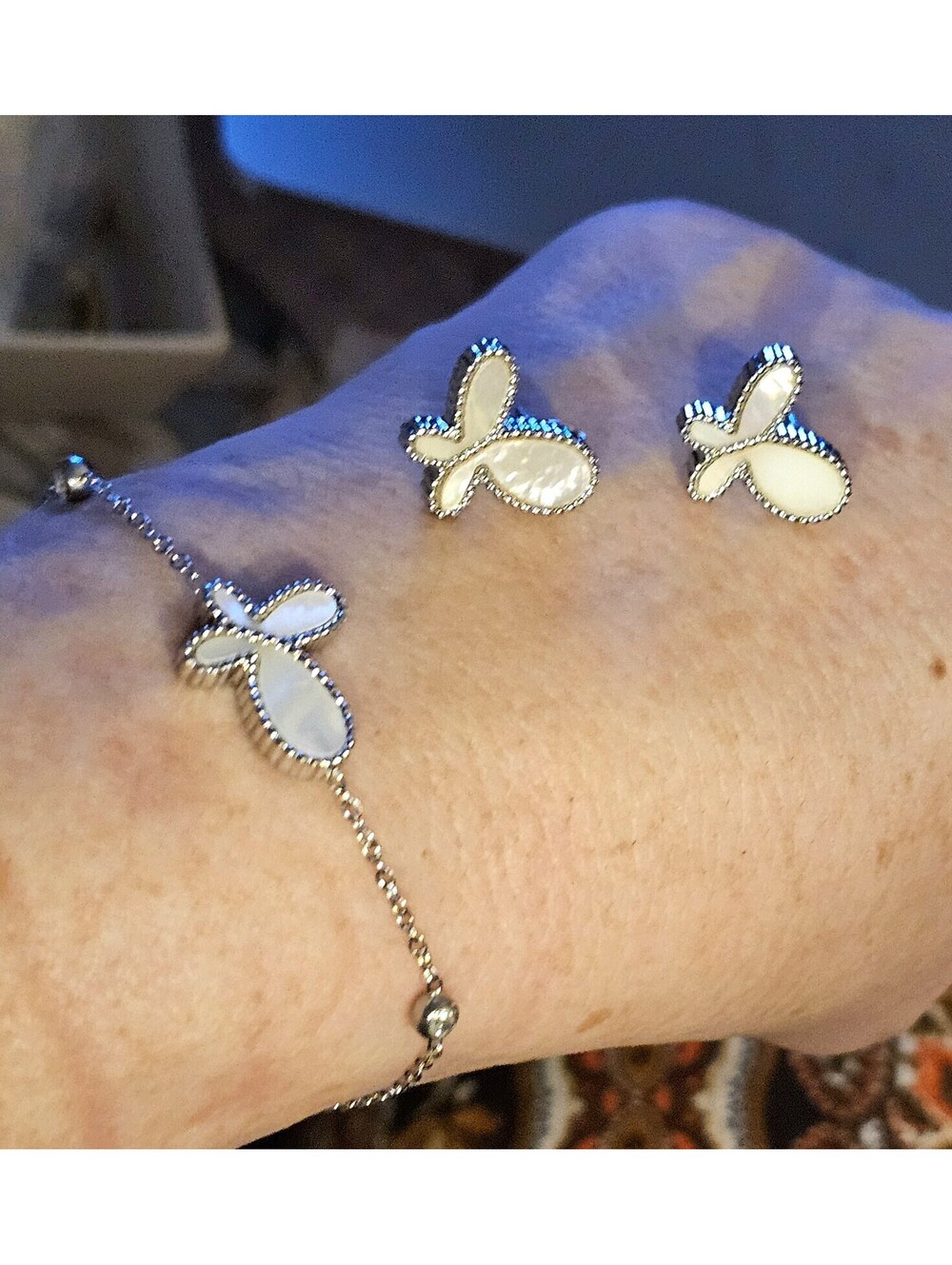 Mother of Pearl Butterfly Bracelet & Earring Set Waterproof Stainless Steel